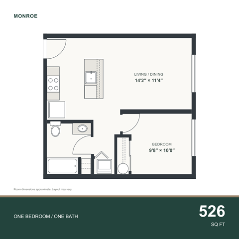 Floor plan for 1 bed, 1 bath